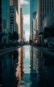 Preview wallpaper buildings, skyscrapers, reflection, street, city
