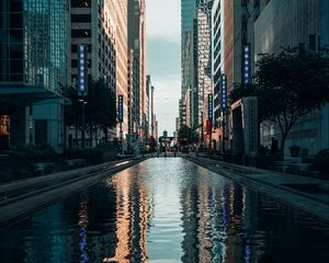 Preview wallpaper buildings, skyscrapers, reflection, street, city