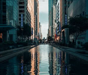 Preview wallpaper buildings, skyscrapers, reflection, street, city
