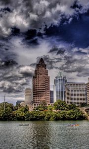 Preview wallpaper buildings, skyscrapers, river, trees, city, hdr