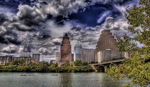 Preview wallpaper buildings, skyscrapers, river, trees, city, hdr