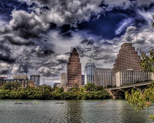 Preview wallpaper buildings, skyscrapers, river, trees, city, hdr