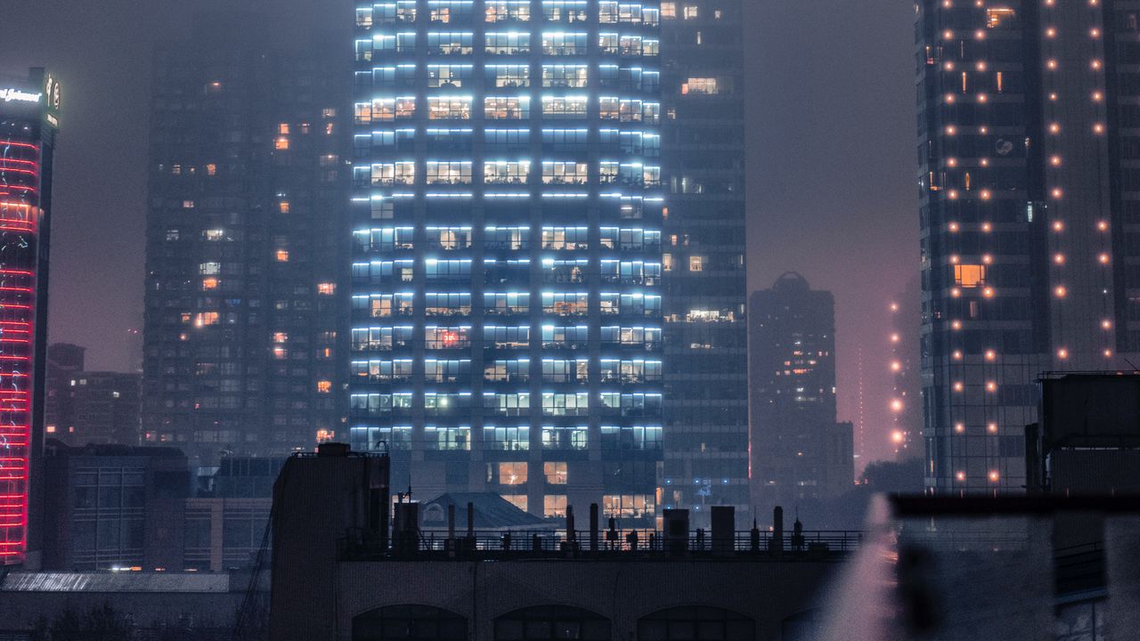 Wallpaper buildings, smog, fog, skyscrapers, night city