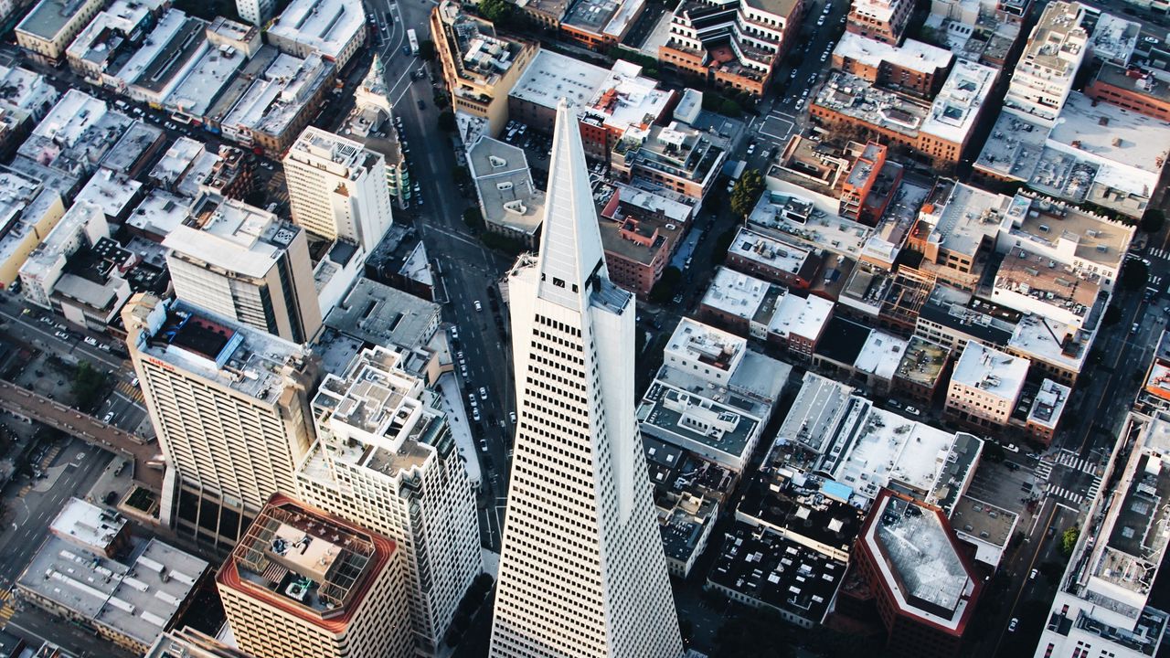 Wallpaper buildings, tower, aerial view, height, city