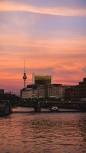 Preview wallpaper buildings, tower, bridge, city, sunset
