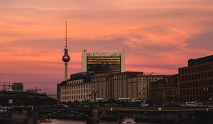 Preview wallpaper buildings, tower, bridge, city, sunset