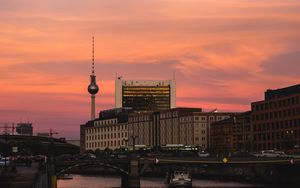Preview wallpaper buildings, tower, bridge, city, sunset