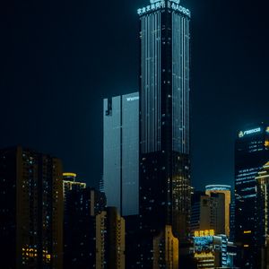 Preview wallpaper buildings, tower, city, night, architecture, dark, backlight