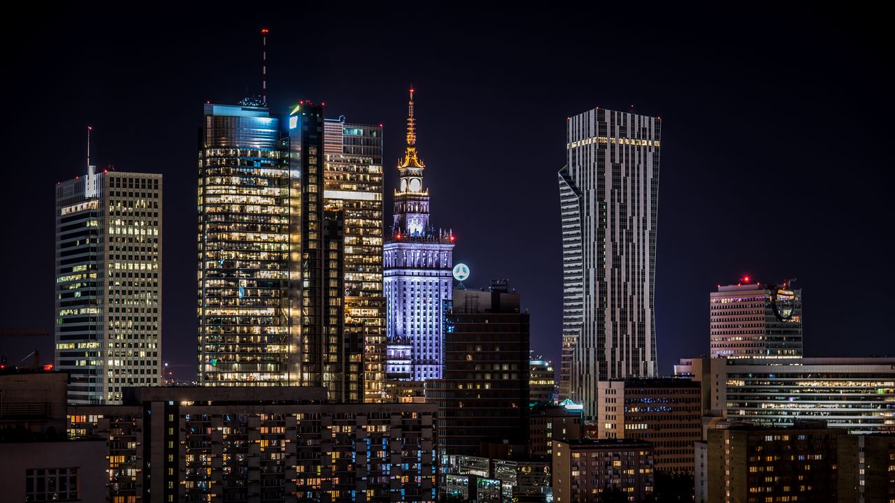 Wallpaper buildings, tower, lights, city, night