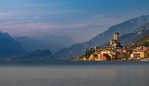 Preview wallpaper buildings, tower, mountains, sea, nature