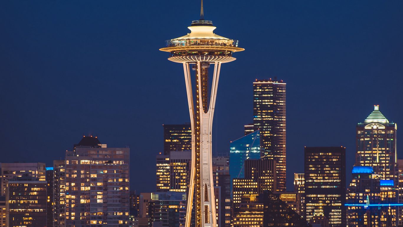 Download wallpaper 1366x768 buildings tower skyscrapers architecture  night city seattle usa tablet laptop hd background