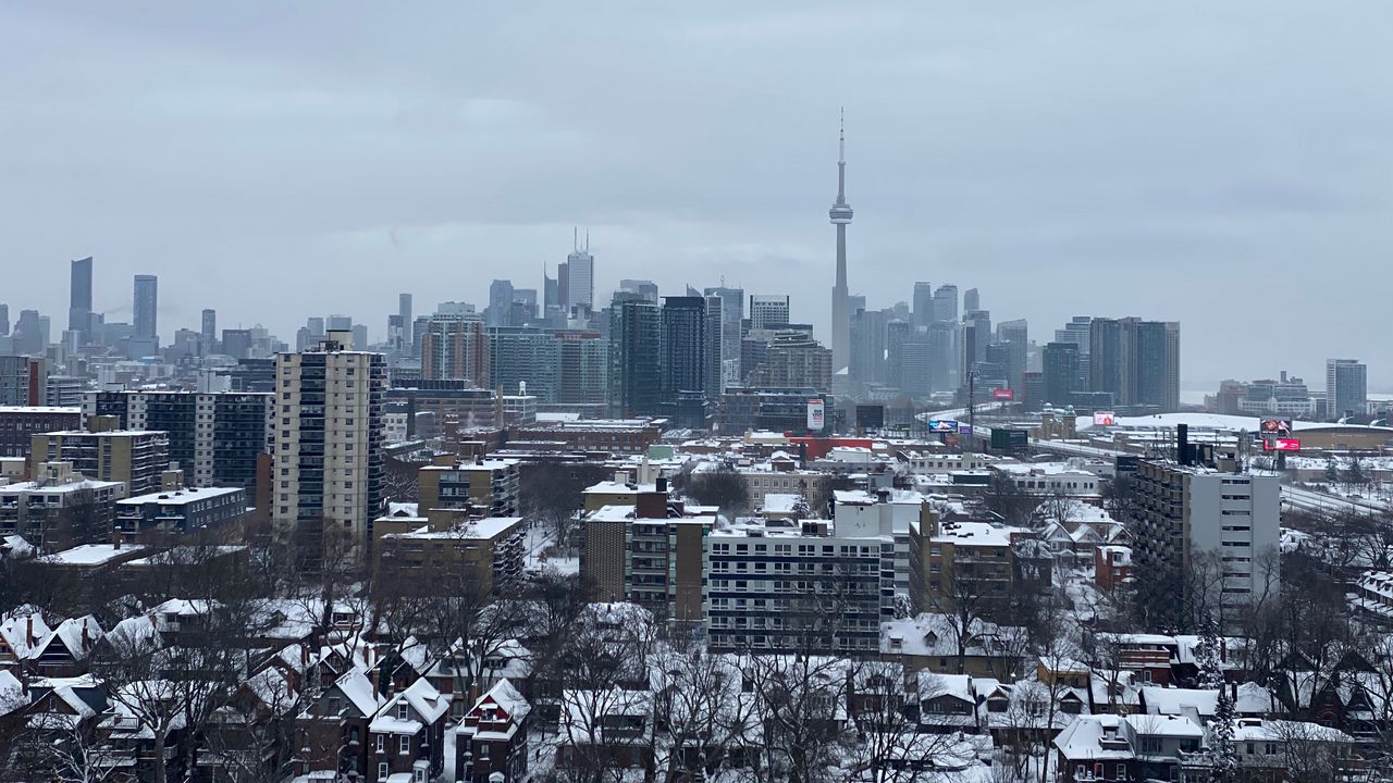 Wallpaper buildings, tower, snow, trees, winter, city