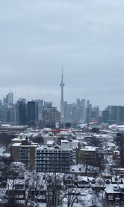 Preview wallpaper buildings, tower, snow, trees, winter, city