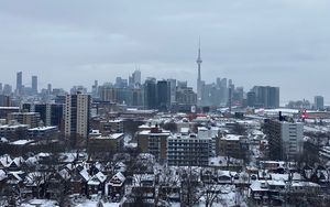 Preview wallpaper buildings, tower, snow, trees, winter, city