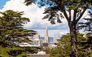 Preview wallpaper buildings, tower, trees, city