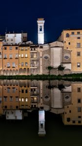 Preview wallpaper buildings, tower, water, reflection, night