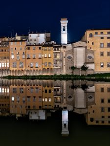 Preview wallpaper buildings, tower, water, reflection, night