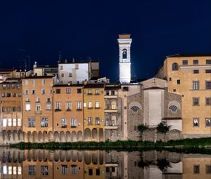 Preview wallpaper buildings, tower, water, reflection, night