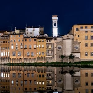 Preview wallpaper buildings, tower, water, reflection, night