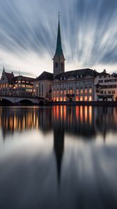 Preview wallpaper buildings, towers, lake, bridge, canal, reflection