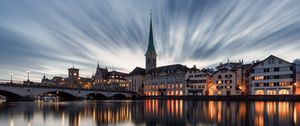 Preview wallpaper buildings, towers, lake, bridge, canal, reflection