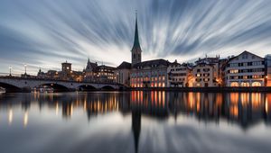 Preview wallpaper buildings, towers, lake, bridge, canal, reflection