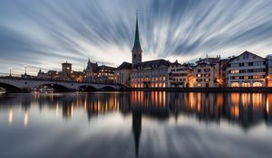 Preview wallpaper buildings, towers, lake, bridge, canal, reflection