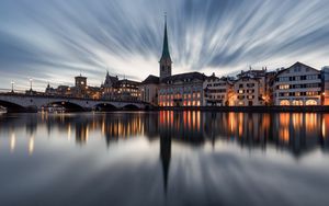 Preview wallpaper buildings, towers, lake, bridge, canal, reflection