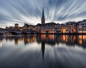 Preview wallpaper buildings, towers, lake, bridge, canal, reflection