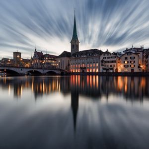 Preview wallpaper buildings, towers, lake, bridge, canal, reflection