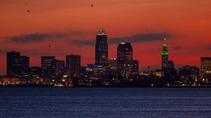 Preview wallpaper buildings, towers, lights, night, sea, city