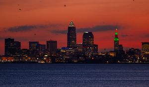 Preview wallpaper buildings, towers, lights, night, sea, city