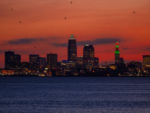 Preview wallpaper buildings, towers, lights, night, sea, city