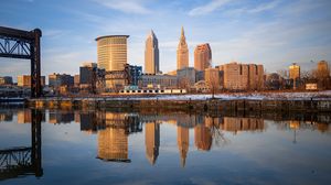 Preview wallpaper buildings, towers, river, reflection, city