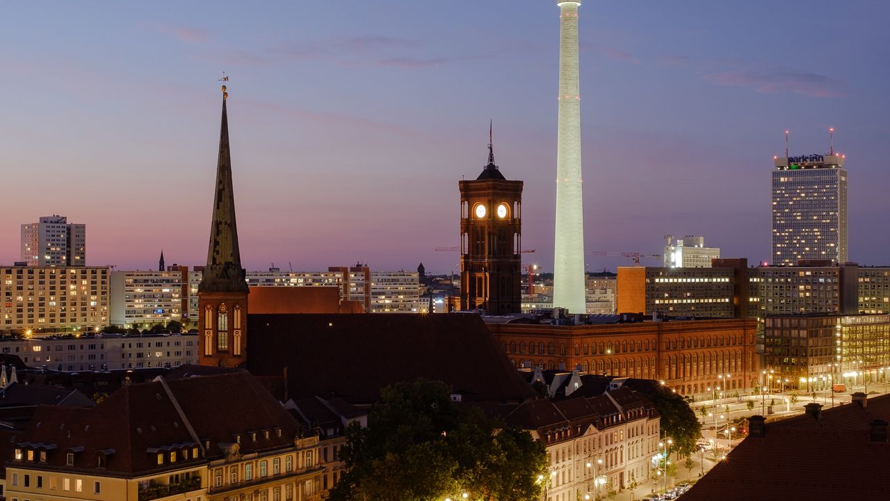 Wallpaper buildings, towers, road, freezelight, lights, city, night