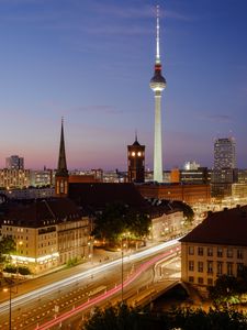 Preview wallpaper buildings, towers, road, freezelight, lights, city, night