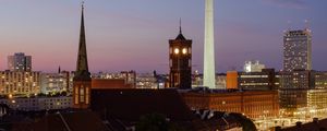 Preview wallpaper buildings, towers, road, freezelight, lights, city, night