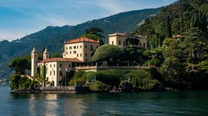 Preview wallpaper buildings, towers, trees, lake, landscape