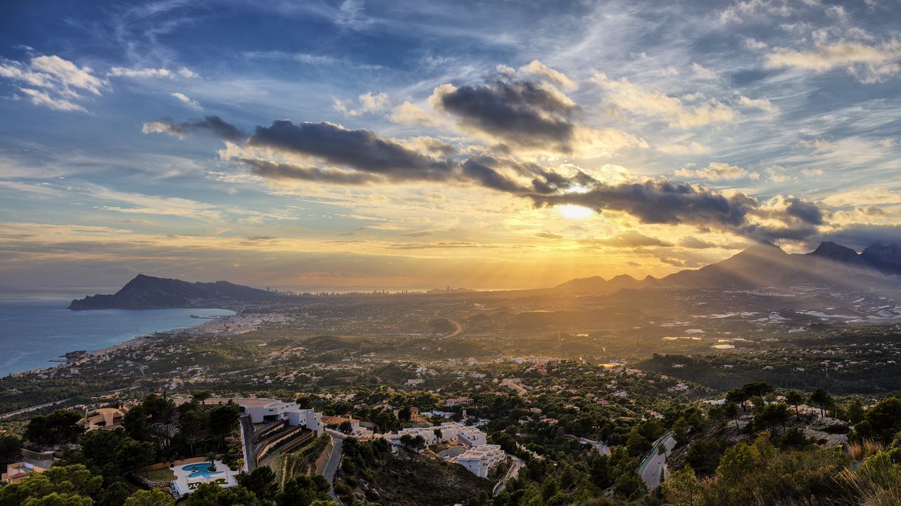 Wallpaper buildings, trees, aerial view, sunset