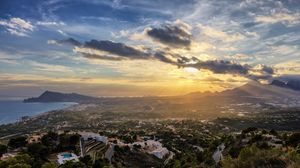 Preview wallpaper buildings, trees, aerial view, sunset