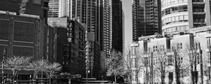 Preview wallpaper buildings, trees, city, black and white