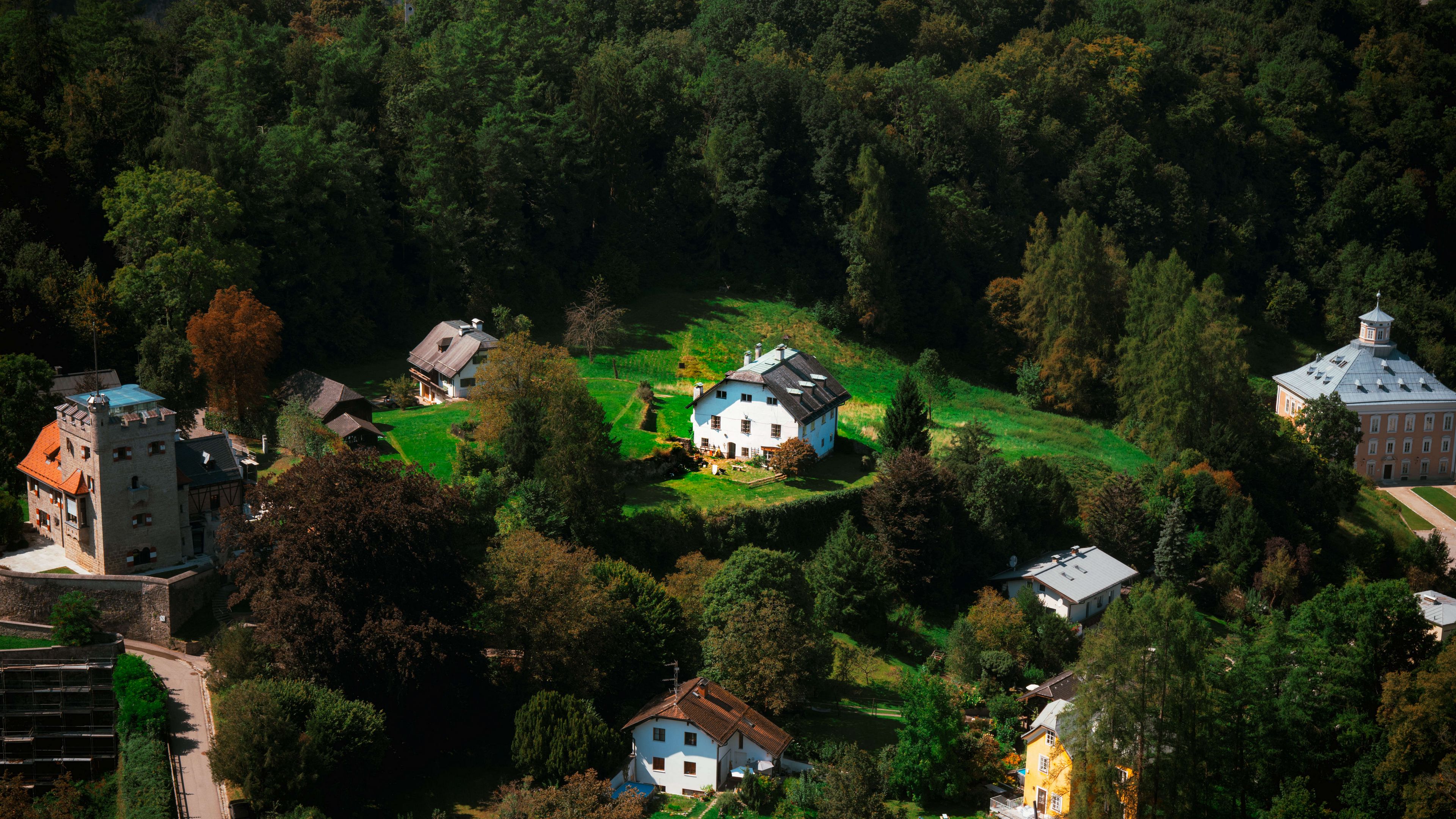 3840x2160 Wallpaper buildings, trees, houses, city, height, salzburg, austria