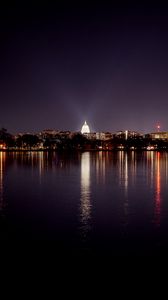 Preview wallpaper buildings, trees, lights, river, night