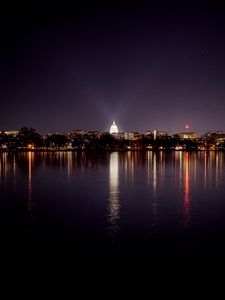 Preview wallpaper buildings, trees, lights, river, night