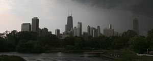 Preview wallpaper buildings, trees, river, city, clouds
