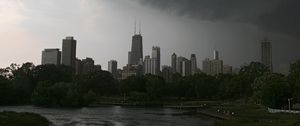 Preview wallpaper buildings, trees, river, city, clouds