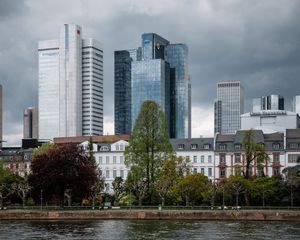 Preview wallpaper buildings, trees, river, embankment