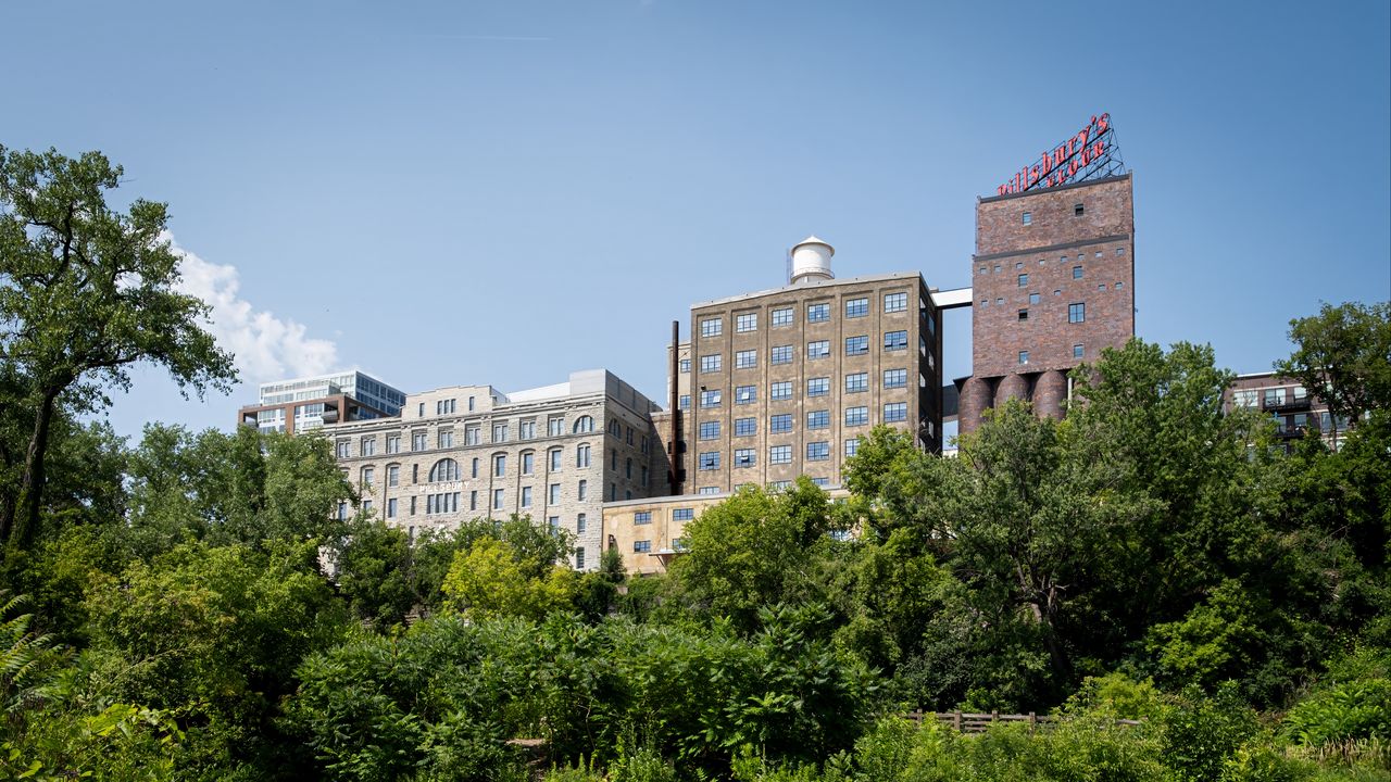 Wallpaper buildings, trees, river, bushes