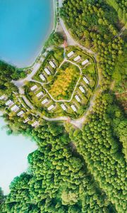 Preview wallpaper buildings, trees, road, aerial view, forest