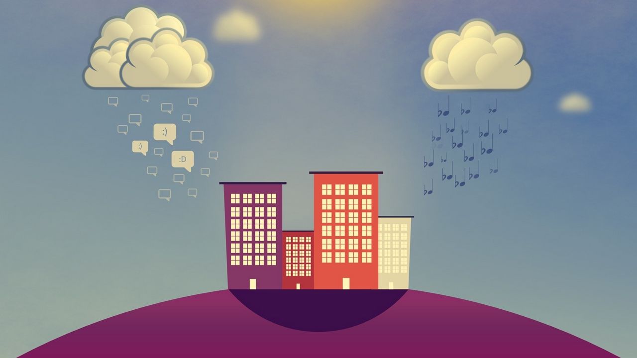 Wallpaper buildings, vector, rain, clouds, smiles, notes